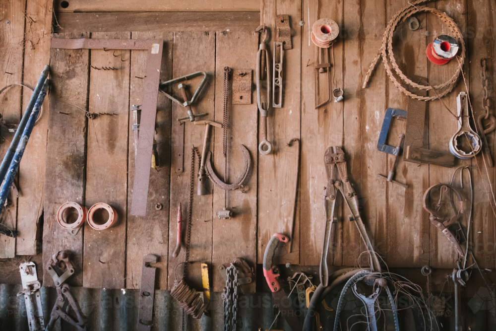 Old tools in a farm shed in Western Australia - Australian Stock Image