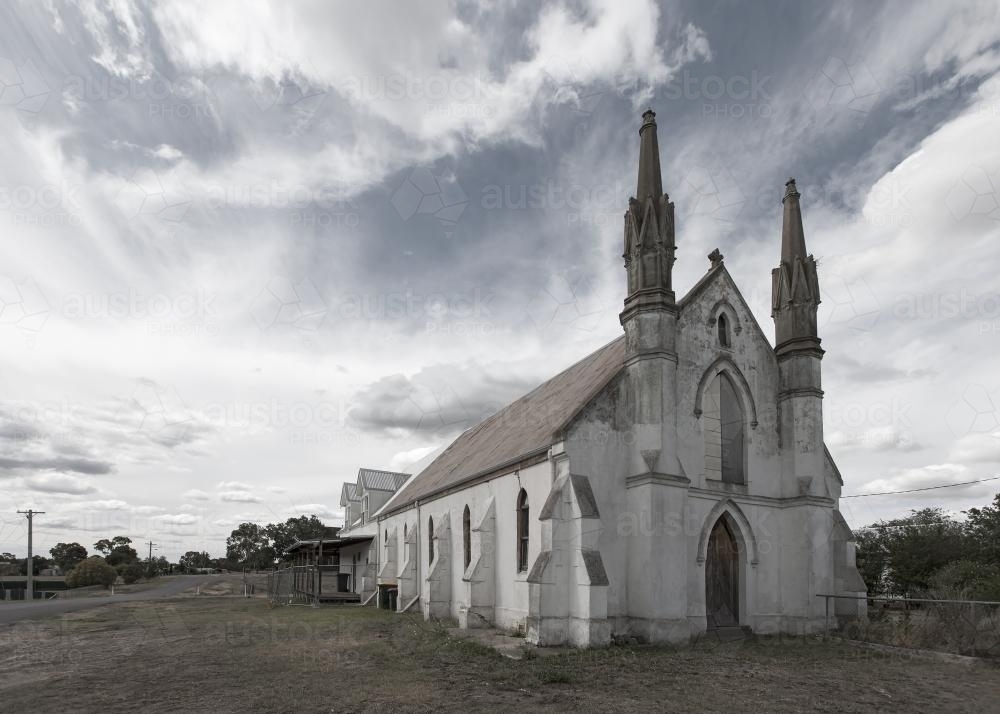 old weathered church in rural town - Australian Stock Image