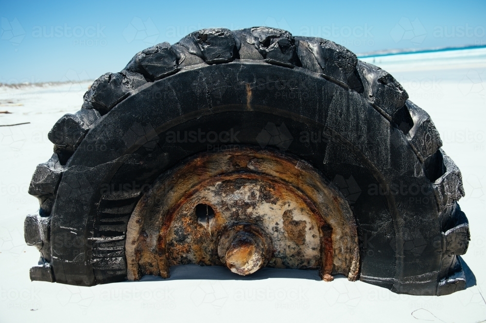 Old wheel on Sensation Beach, Coffin Bay NP - Australian Stock Image