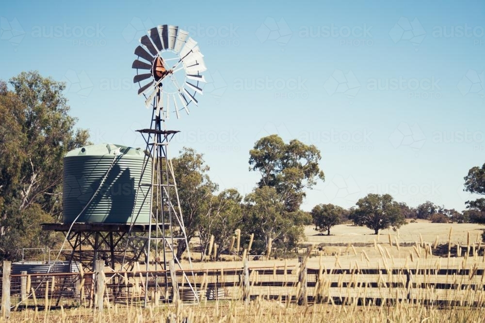 Old windmill and water tank in near Bendigo - Australian Stock Image