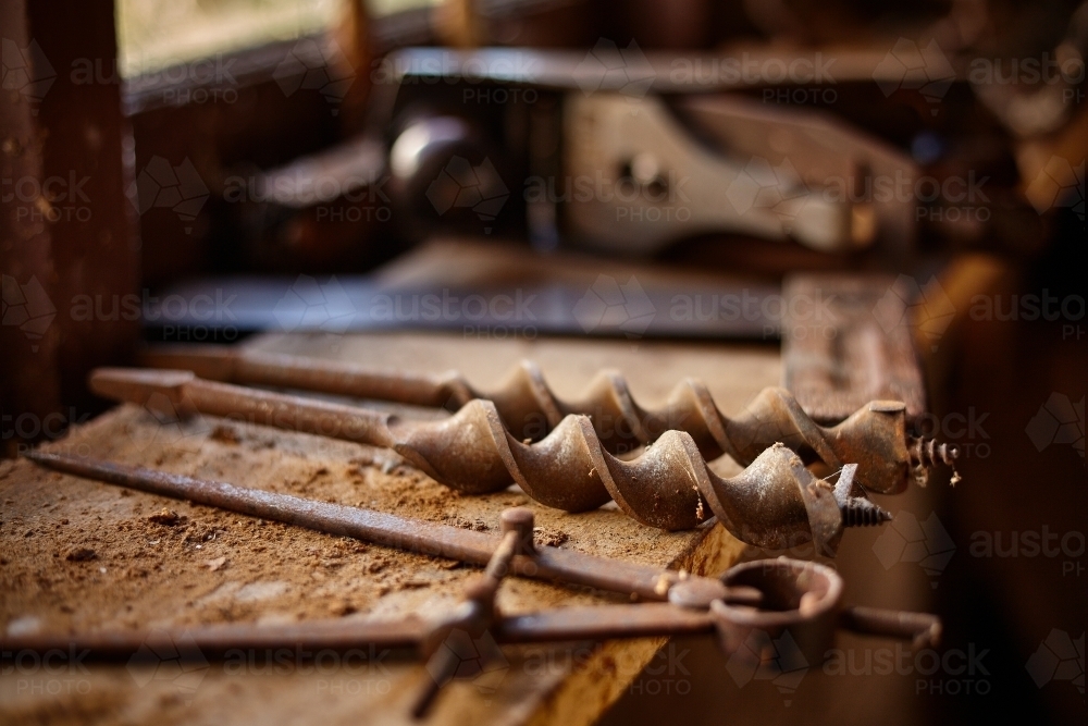Old wood-working tools on bench - Australian Stock Image
