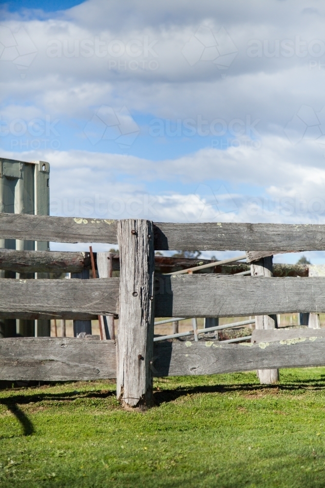 Old wooden post and rail farm fence of cattle yards - Australian Stock Image