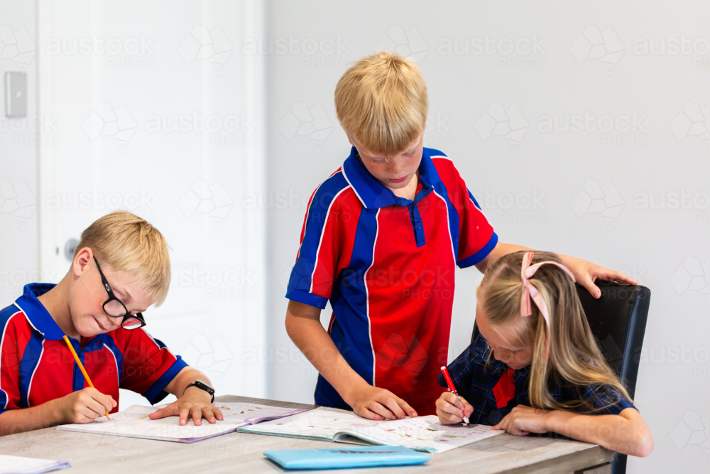 Older brother schoolboy helping tutor younger sister with homework - Australian Stock Image