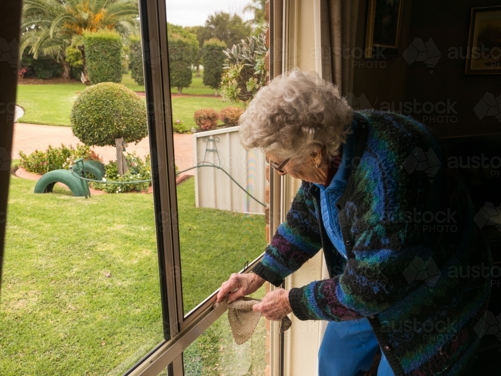 Older lady cleaning a window which looks out to a garden - Australian Stock Image