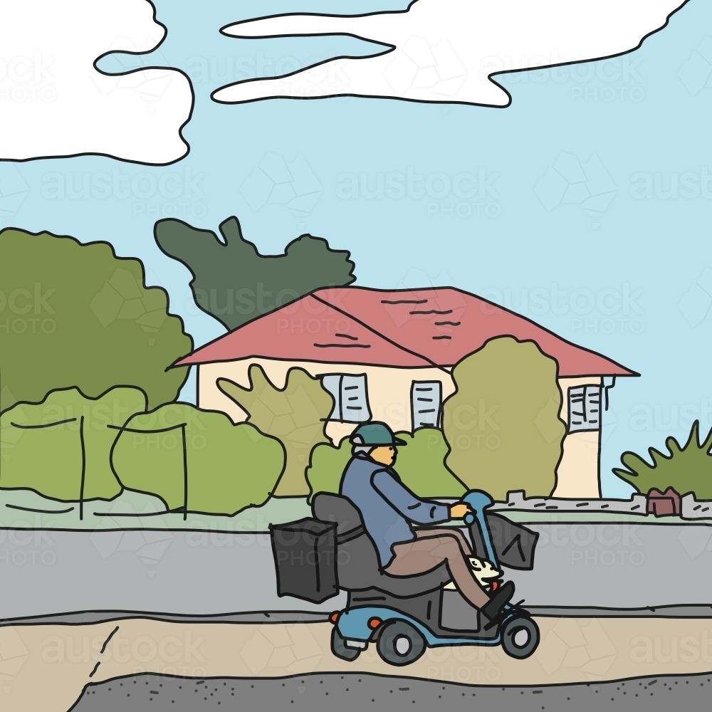 Older man on electric mobility scooter with dog riding down footpath - Australian Stock Image