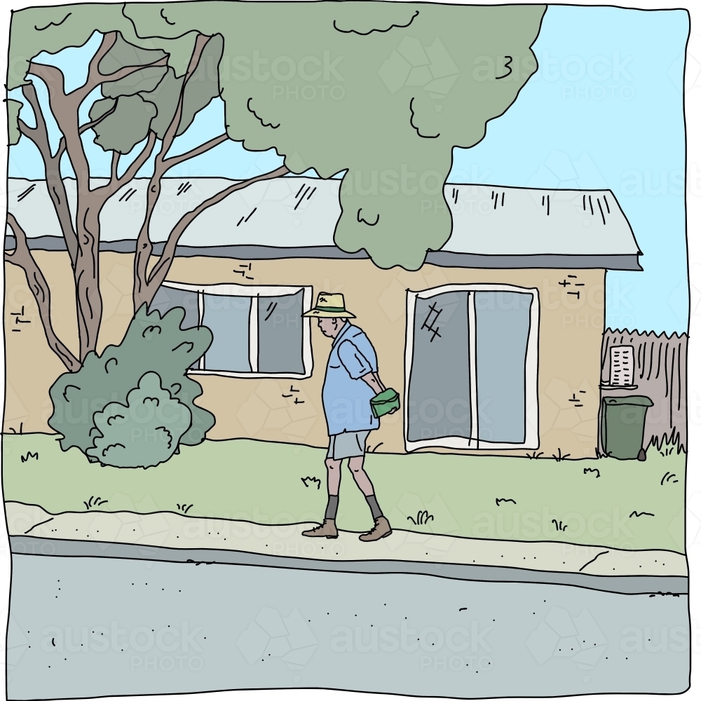 Older man walking slowly to shops holding reusable green bag - Australian Stock Image