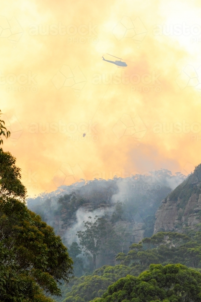 One fire fighting helicopter dumping water onto a bushfire on Maddens Plains, Illawarra, NSW - Australian Stock Image