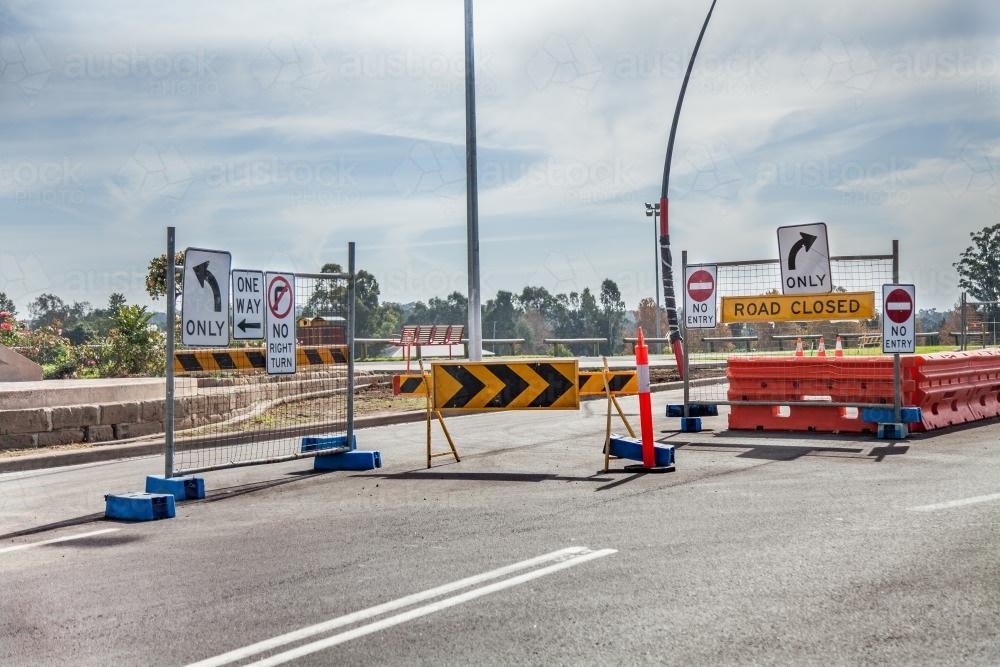 One way, road closed, road work signs - Australian Stock Image