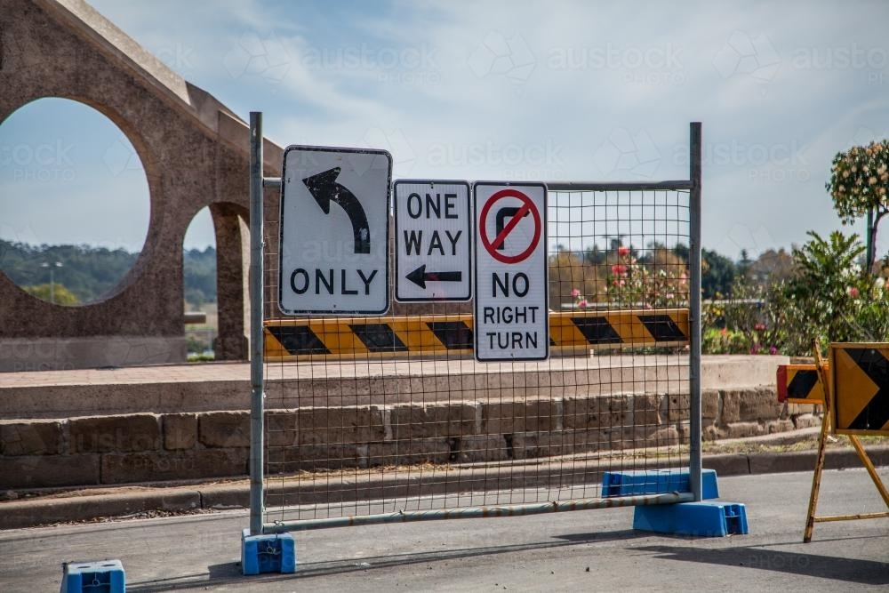 One way, road closed ,road work signs - Australian Stock Image