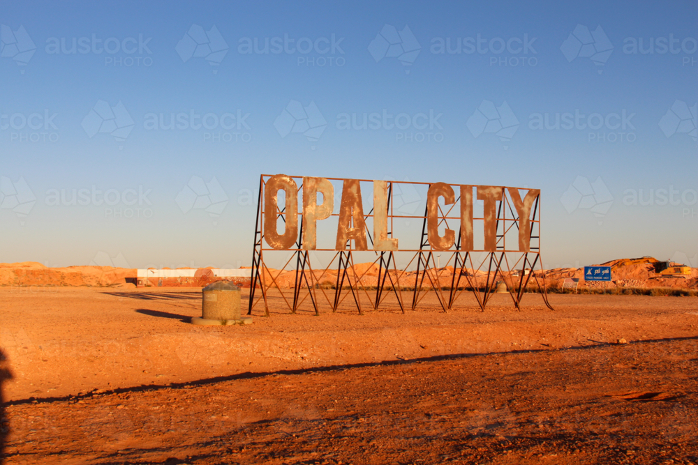 Opal city rustic sign at golden hour - Australian Stock Image