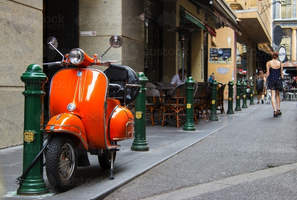Orange motorbike in Melbourne laneway - Australian Stock Image