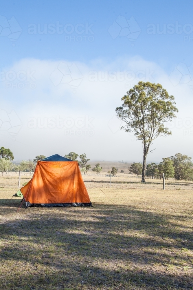 Orange tent set up in a farm paddock - Australian Stock Image