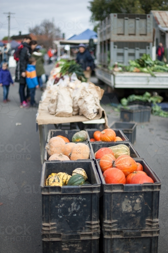 Organic pumpkins and produce at a regional market - Australian Stock Image