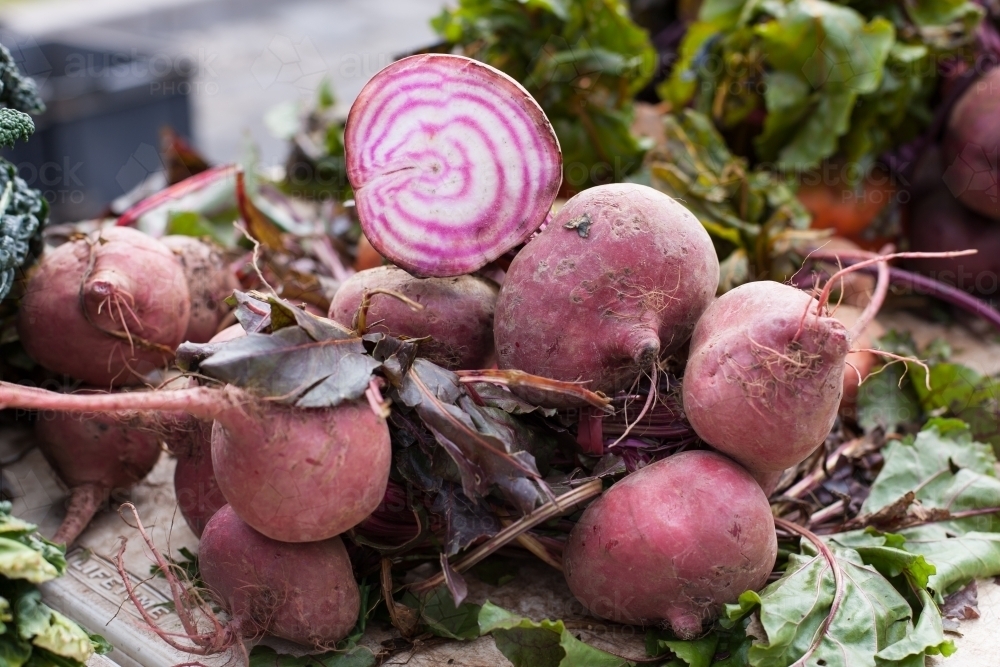 Organic radishes at a regional market - Australian Stock Image