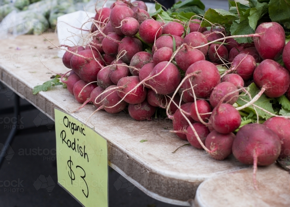Organic radishes at a regional market - Australian Stock Image