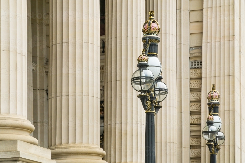 Ornate lights and columns on Parliament House in Melbourne - Australian Stock Image