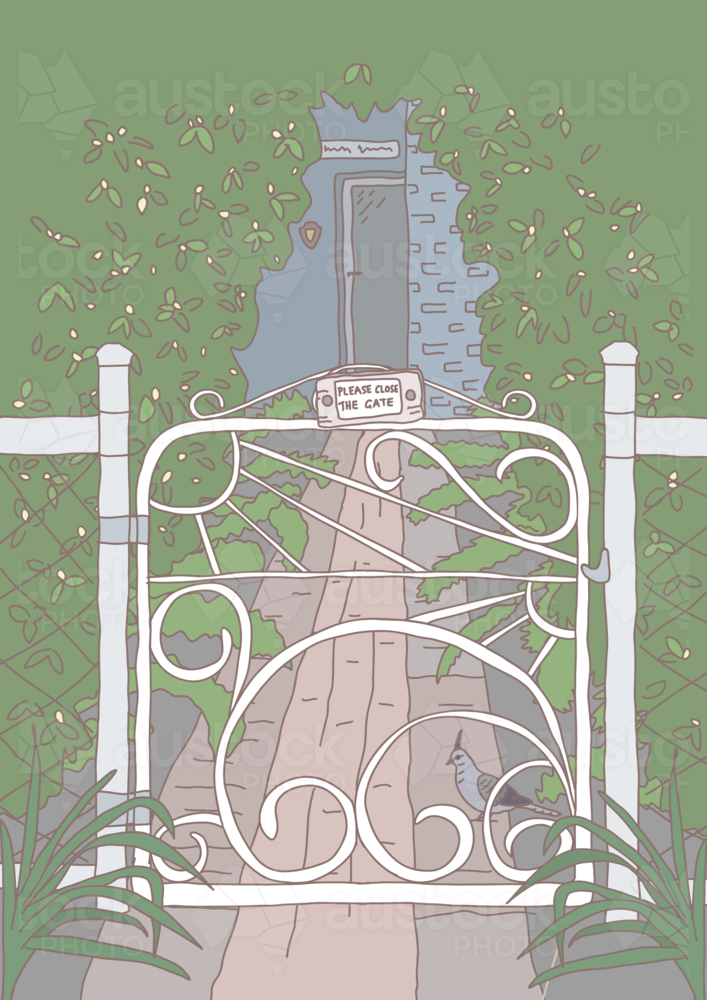 Ornate white garden gate with pathway and foliage in pastel illustration - Australian Stock Image