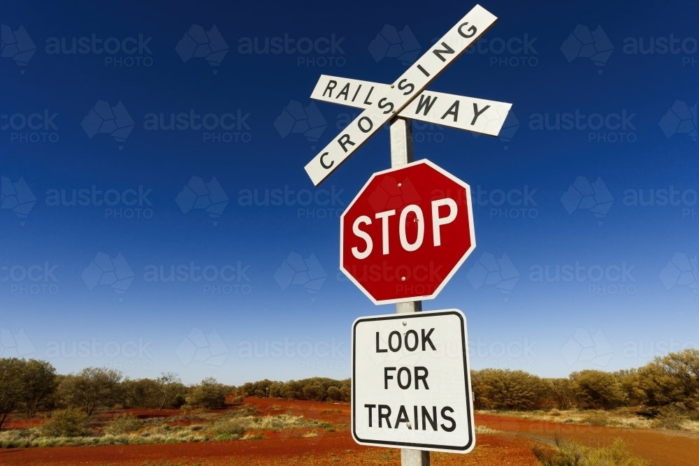 Outback railway crossing stop sign - Australian Stock Image