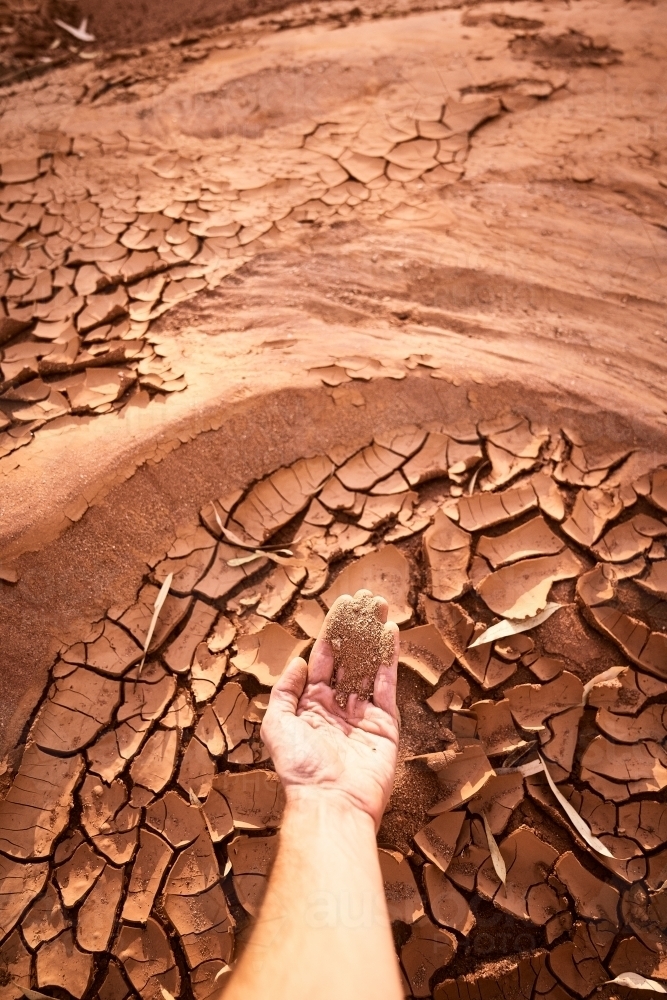 Outback riverbed dusty dirt in the palm of hand - Australian Stock Image