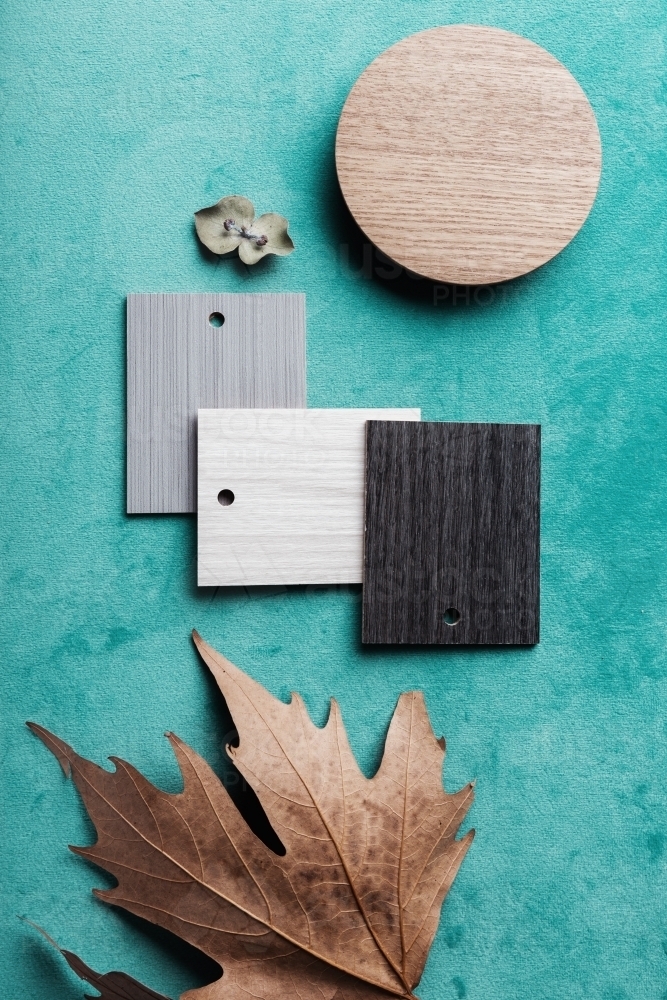 Overhead flat lay of interior design elements for an autumn mood board - Australian Stock Image