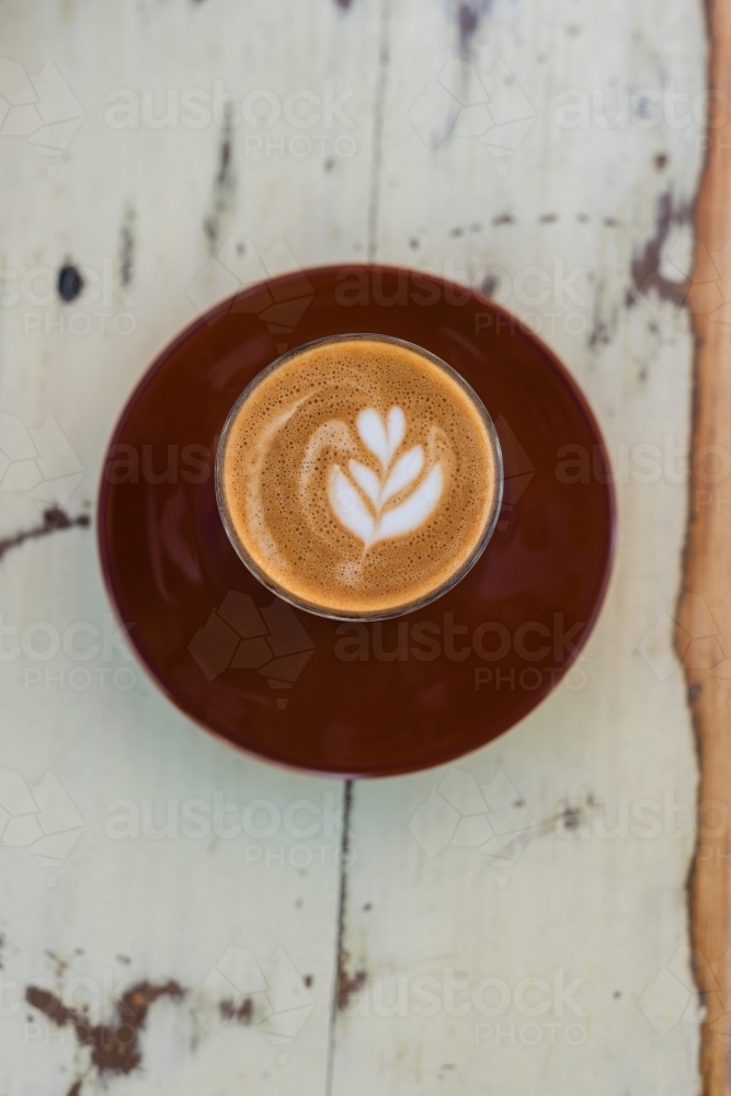 overhead of flat white coffee - Australian Stock Image