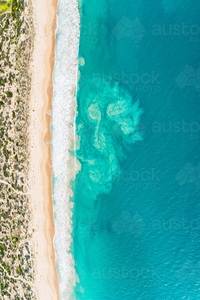 Overhead of Sand Beach With Dunes and Blue Ocean Surf - Australian Stock Image