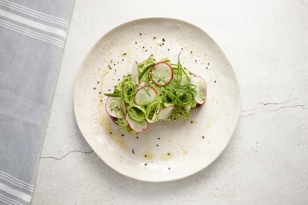 Overhead shot of avocado on toast - Australian Stock Image