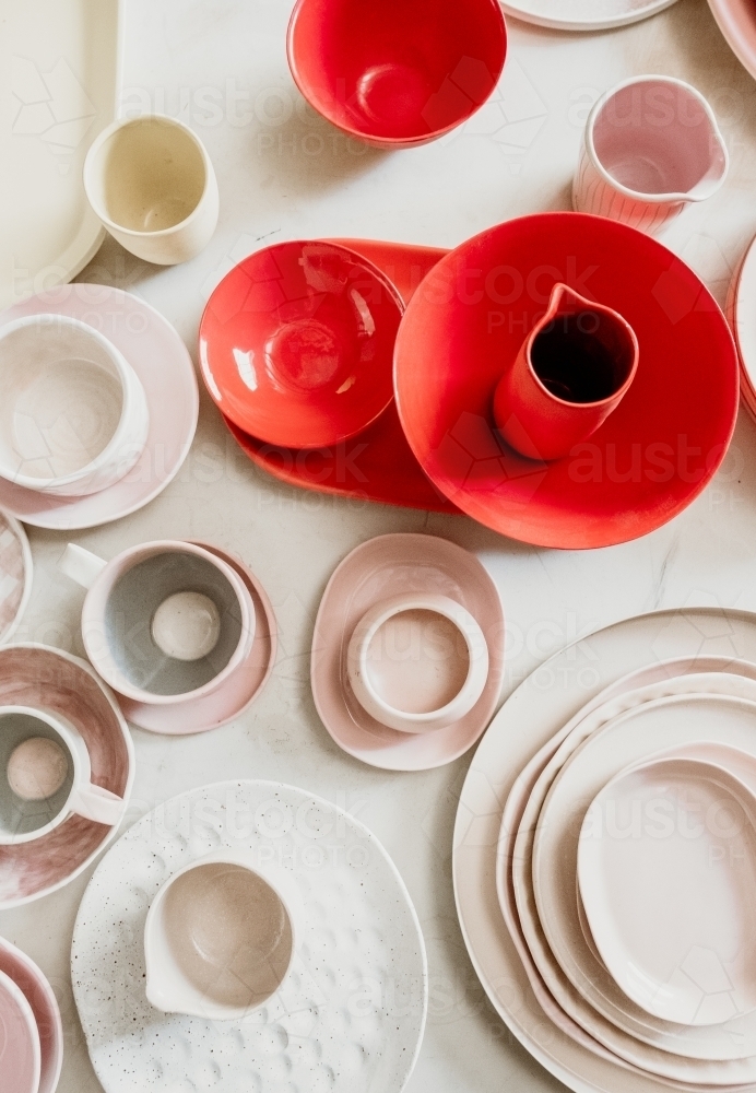 Overhead shot of homewares spread out on tabletop. - Australian Stock Image