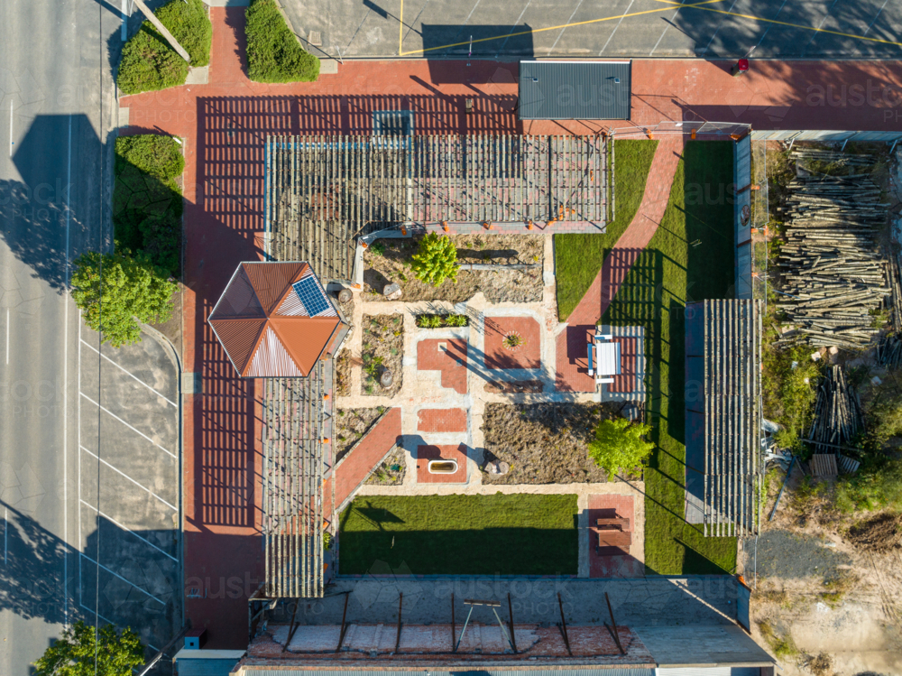 Overhead view of a landscaped public garden with gazebo and pathways - Australian Stock Image