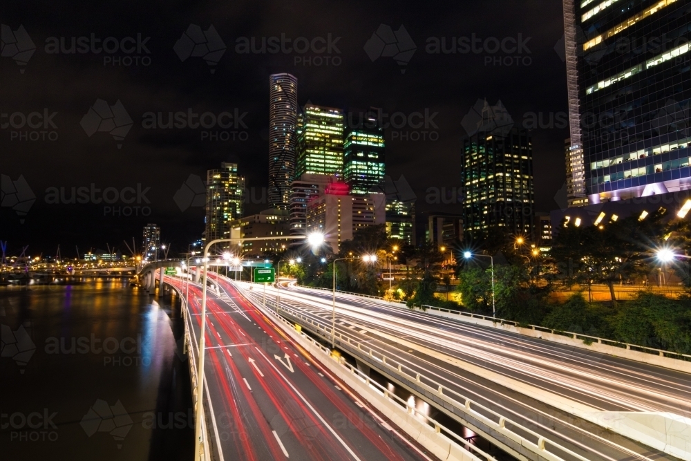 Pacific Motorway with light trails at night - Australian Stock Image
