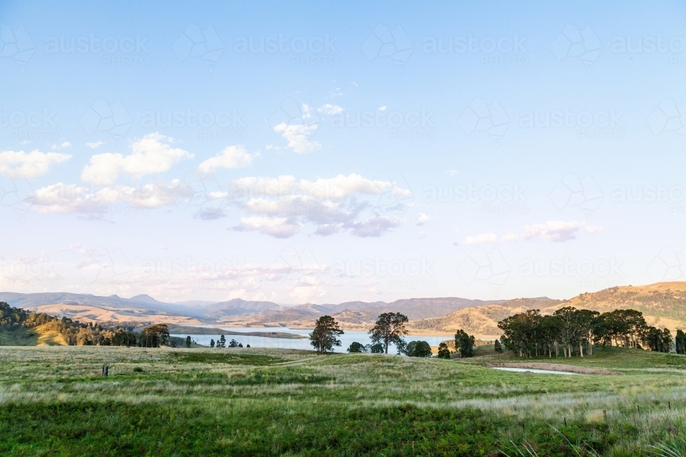 Paddock and hills around Lake St Clair, Hunter Valley NSW - Australian Stock Image