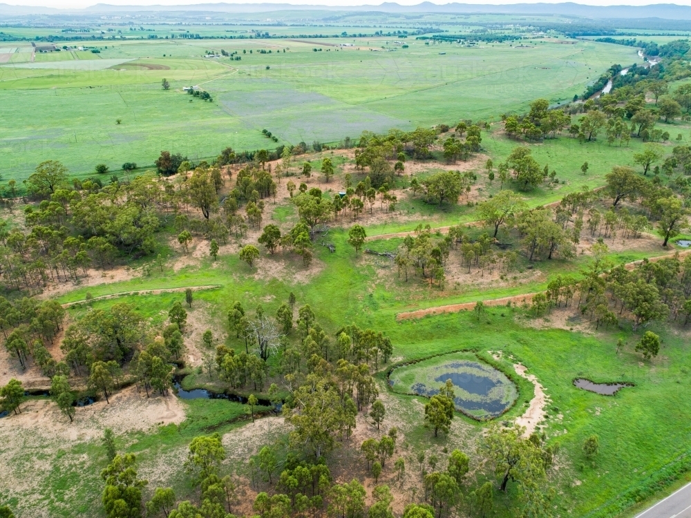 Paddock with full dam and creek and grass growing green after rain - Australian Stock Image