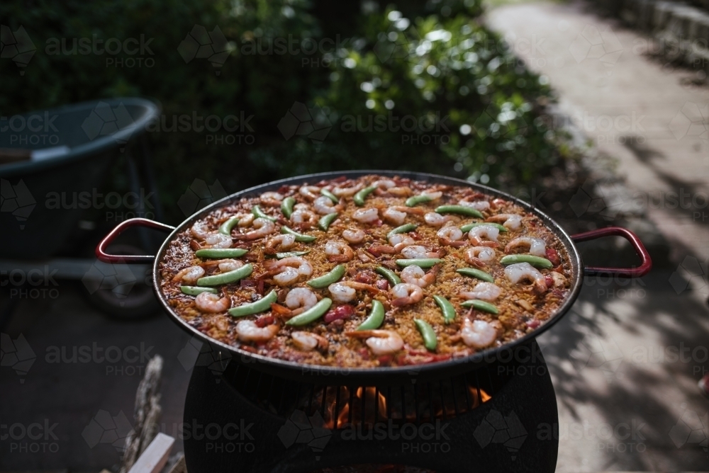 Paella pan with prawns - Australian Stock Image