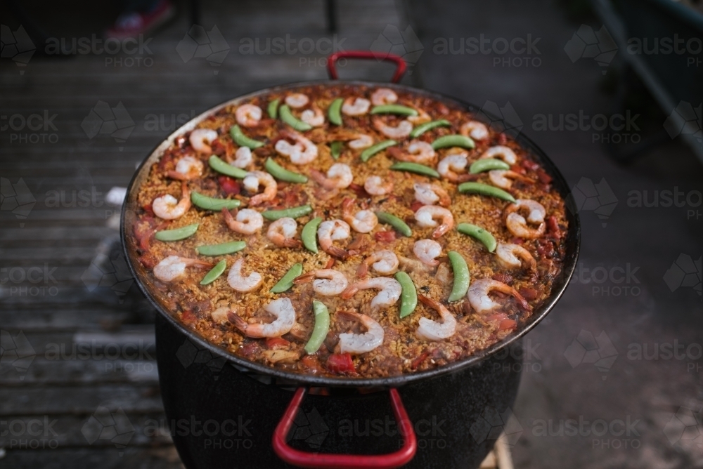 Paella pan with prawns - Australian Stock Image