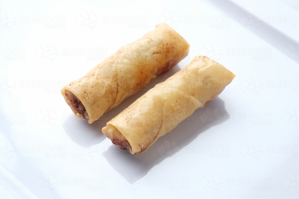 Pair of spring rolls on blank white plate - Australian Stock Image