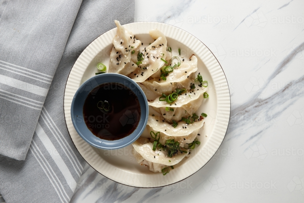 Pan fried dumplings garnished with green onions with dipping sauce on the side. - Australian Stock Image