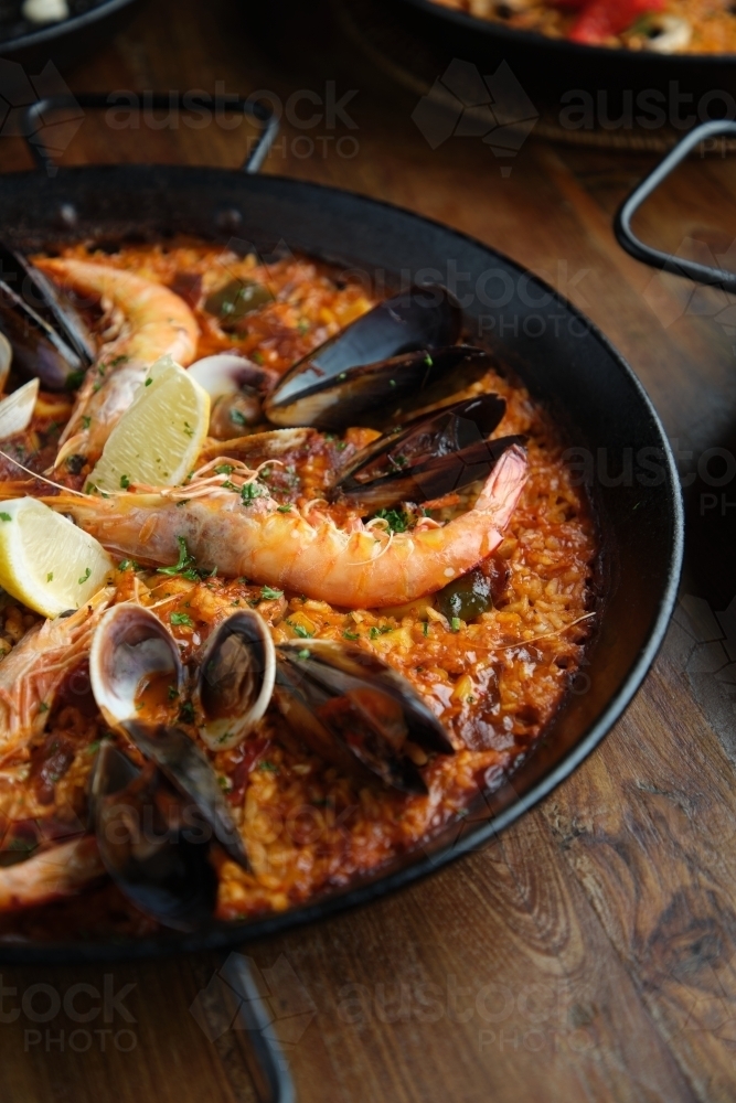 Pan of Spanish paella - Australian Stock Image