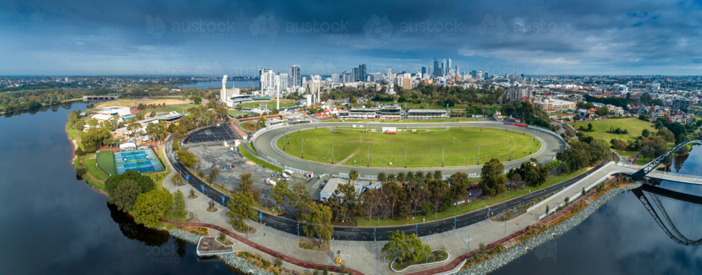 panorama aerial of WACA and Perth City Skyline - Australian Stock Image