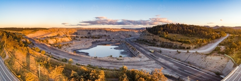panorama aerial view of open cut coal mine in singleton area of the Hunter Valley - Australian Stock Image