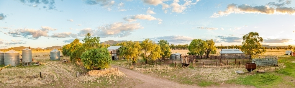Panorama landscape of farm sheds and cattle yard - Australian Stock Image