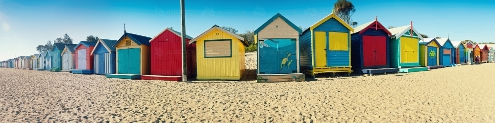 panorama of beach huts on Brighton Beach, Mornington Peninsula, Victoria - Australian Stock Image