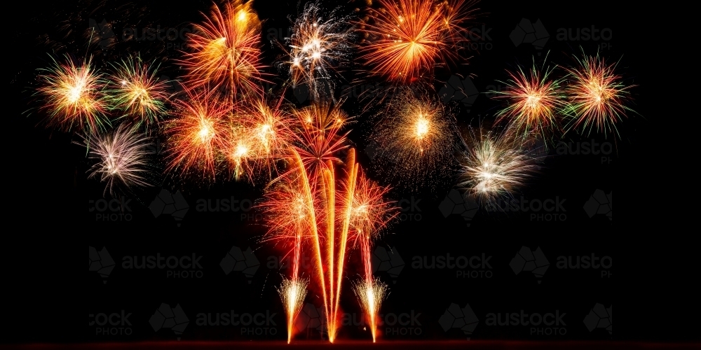 Panorama of bright fireworks display - Australian Stock Image