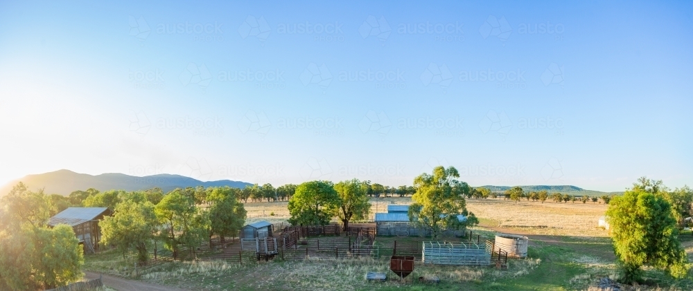 Panorama of cattle yards and sheds on farm - Australian Stock Image