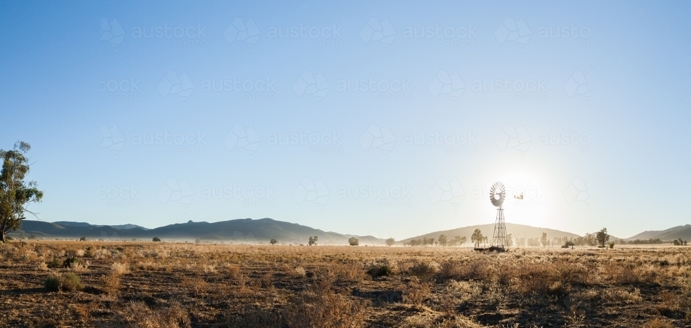 Image of Panorama of farmscape with windmill and bare paddock ...