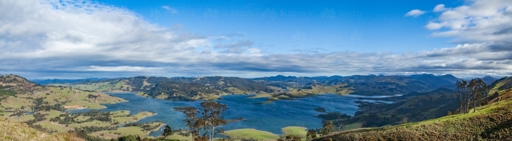 Panorama of hills and Lake St Clair in the Hunter Valley - Australian Stock Image