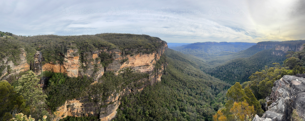 Panorama of Jamison Valley from Princes Rock Lookout, Blue Mountains, NSW - Australian Stock Image