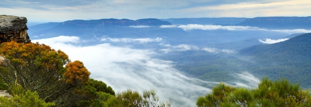 Panorama of Lincoln's Rock, aka Flat Rock, overlooking Jamison Valley and Kings Tableland - Australian Stock Image