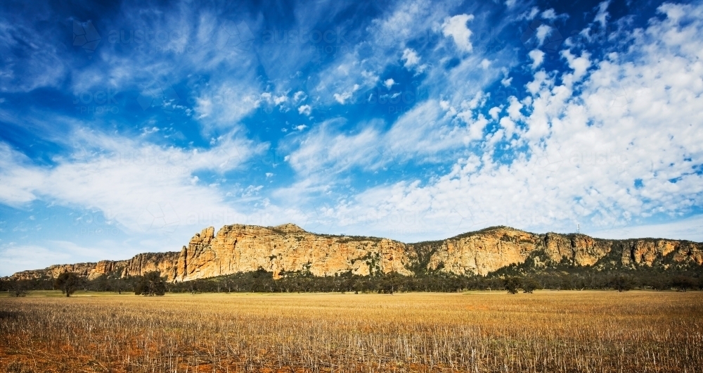 Panorama of mountain with crops in foreground - Australian Stock Image