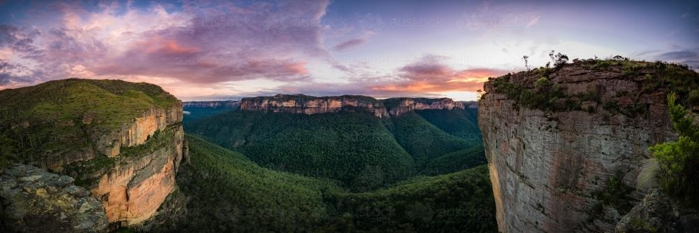 Panorama of sunset at Walls Lookout near Mt Wilson in the Blue Mountains National Park - Australian Stock Image