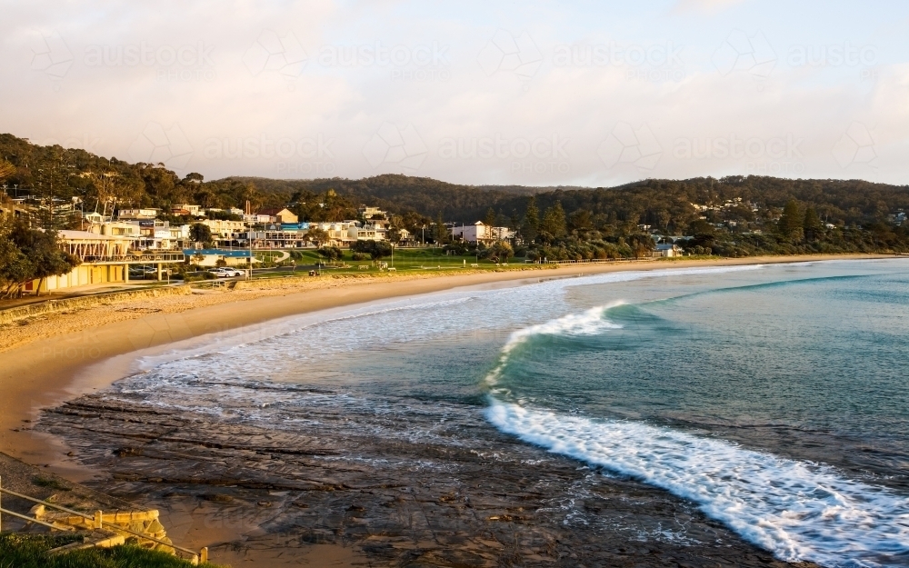Panorama of surf beach at sunrise - Australian Stock Image